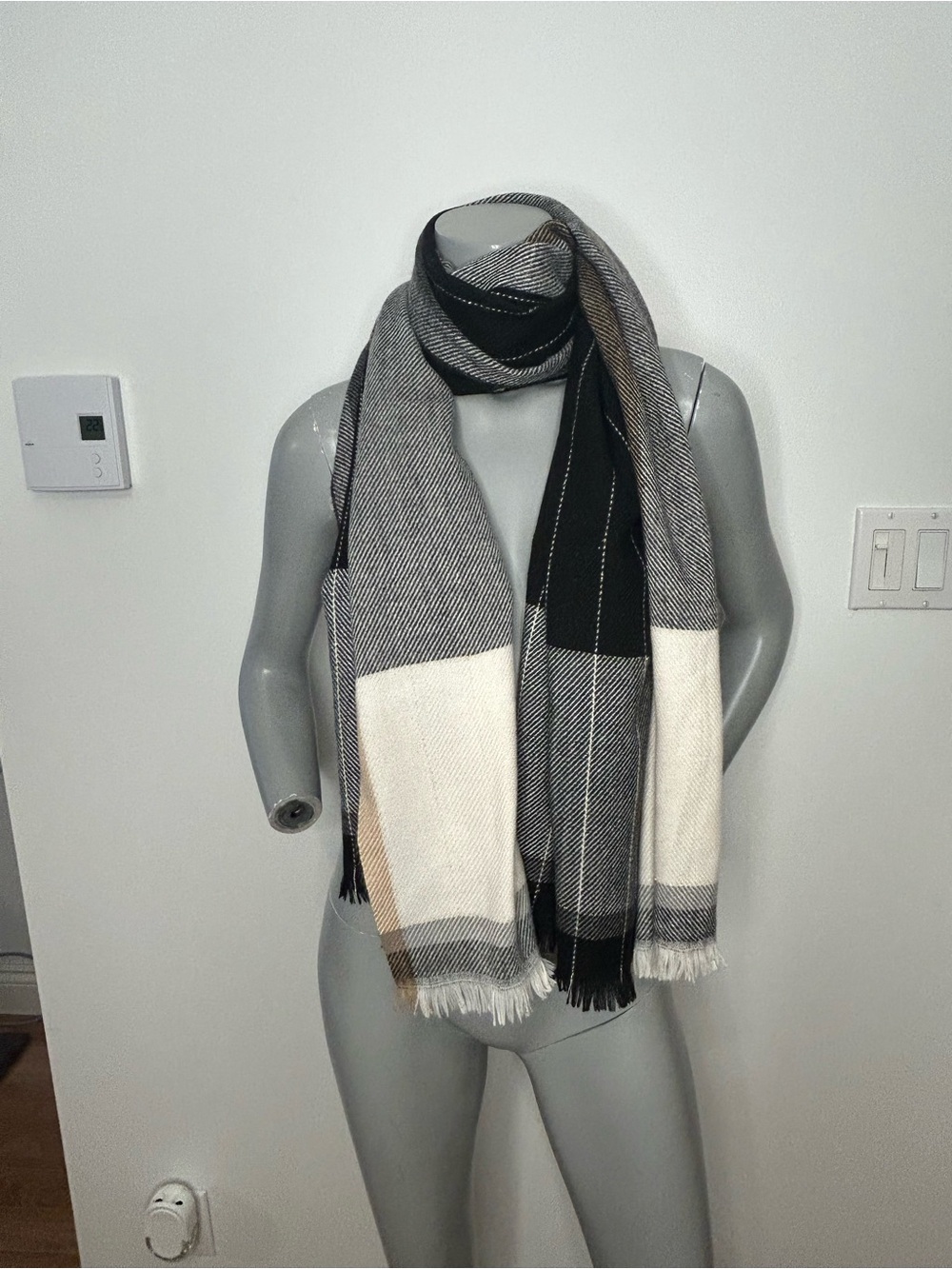 Classic Multi-Stripe Fringe Wrap Scarf in Black, Gray, Cream & Tan
